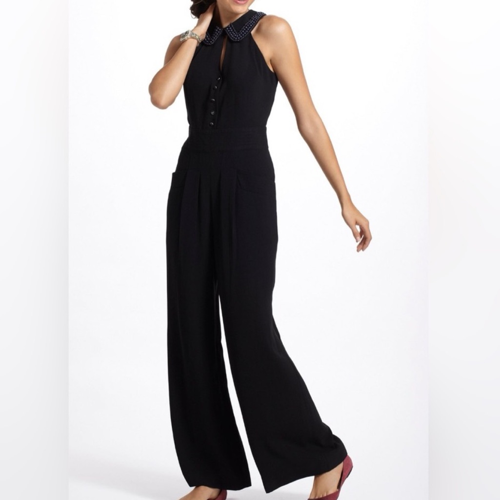 Anthropologie Elevenses Coraline Jumpsuit Sz 0 Black Beaded Collar Jumpsuit